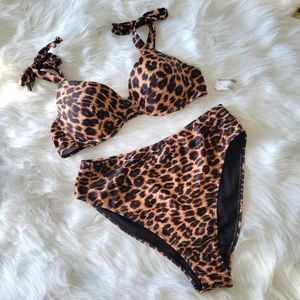 LA LA Swim Leopard Print Bikini High Waist High Leg Shoulder Bows NWT L